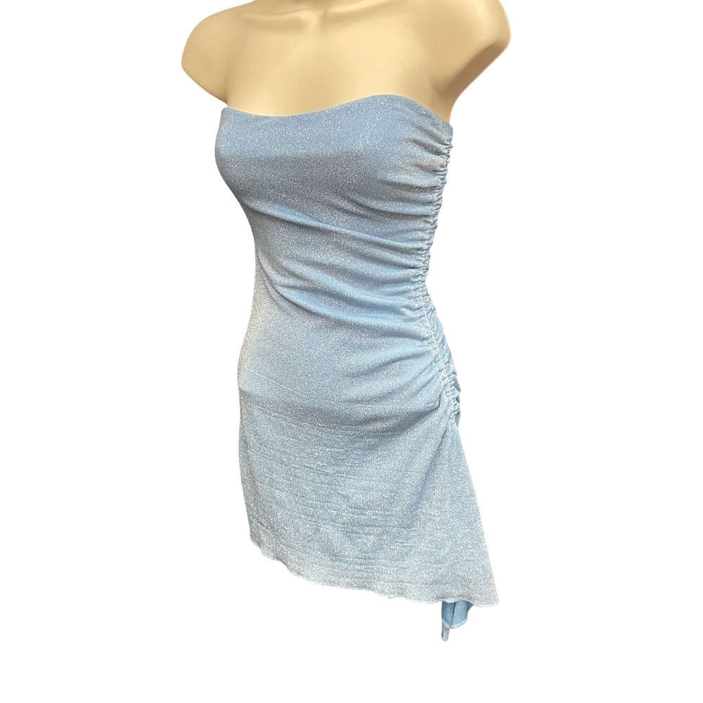 Princess Polly Light Blue Shimmer Ruched Strapless Mini Dress Size 2 Y2K Sparkle